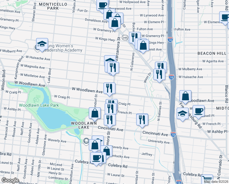 map of restaurants, bars, coffee shops, grocery stores, and more near 1633 West Woodlawn Avenue in San Antonio