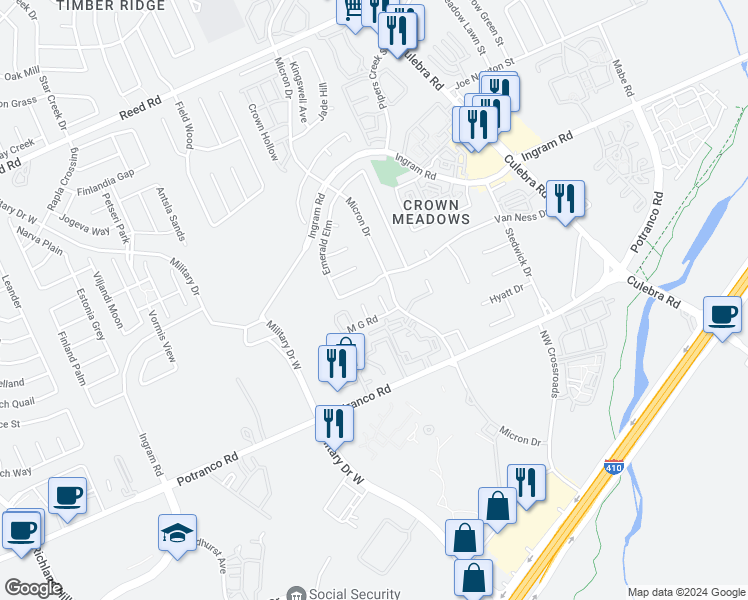map of restaurants, bars, coffee shops, grocery stores, and more near 7931 M G Road in San Antonio