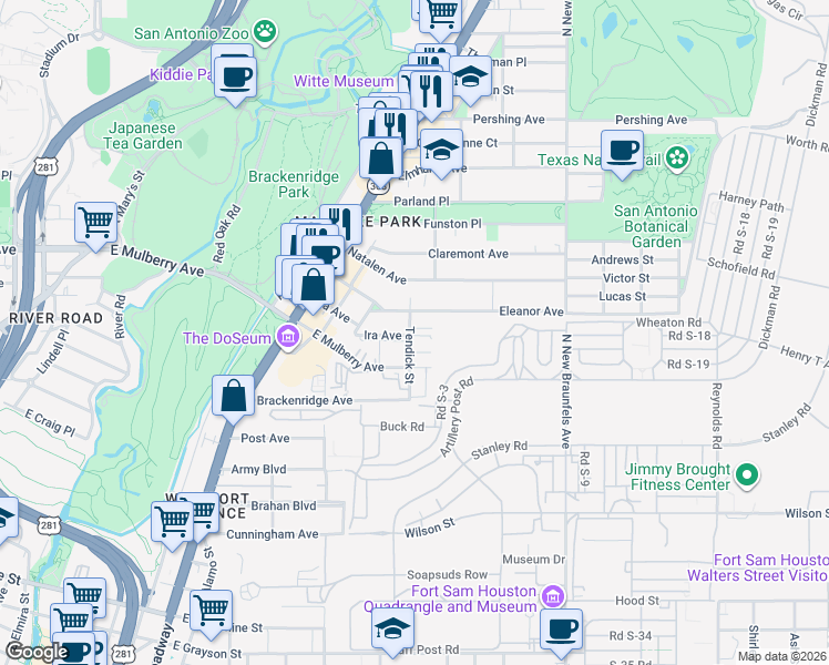 map of restaurants, bars, coffee shops, grocery stores, and more near 337 Ira Avenue in San Antonio