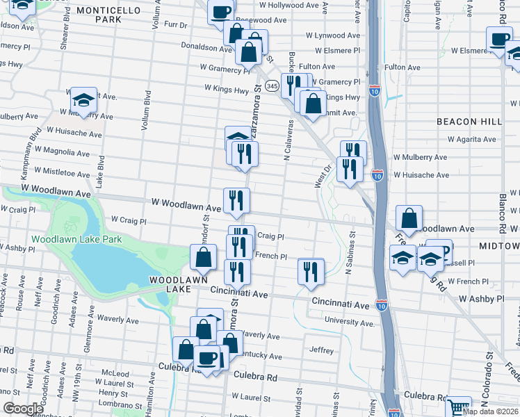 map of restaurants, bars, coffee shops, grocery stores, and more near 1633 West Woodlawn Avenue in San Antonio