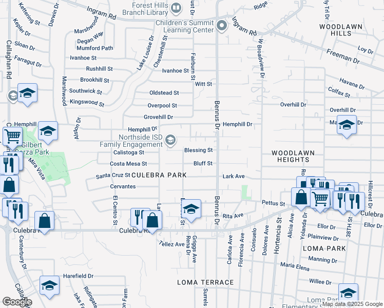 map of restaurants, bars, coffee shops, grocery stores, and more near 5118 Blessing Street in San Antonio
