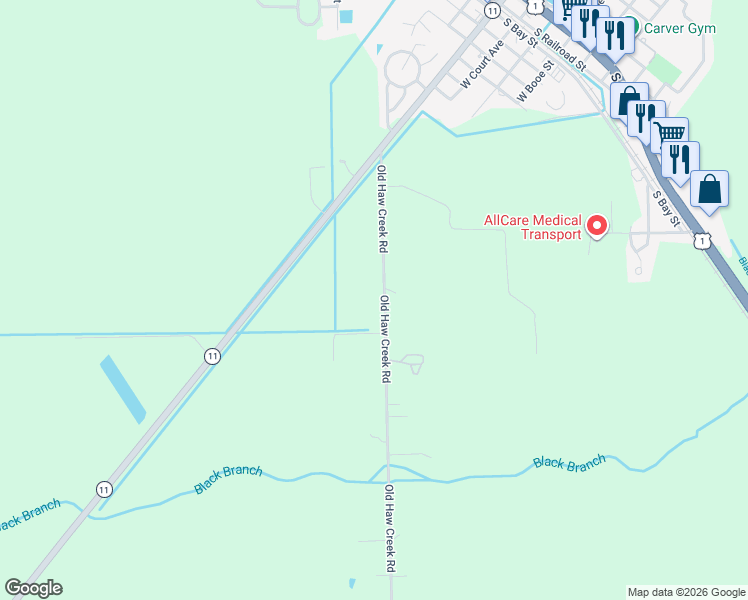 map of restaurants, bars, coffee shops, grocery stores, and more near 404 Old Haw Creek Road in Bunnell