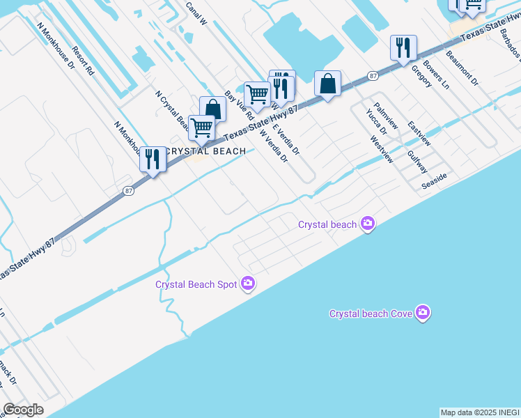 map of restaurants, bars, coffee shops, grocery stores, and more near 898 South Crystal Beach Road in Bolivar Peninsula