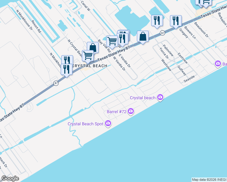 map of restaurants, bars, coffee shops, grocery stores, and more near 898 South Crystal Beach Road in Bolivar Peninsula