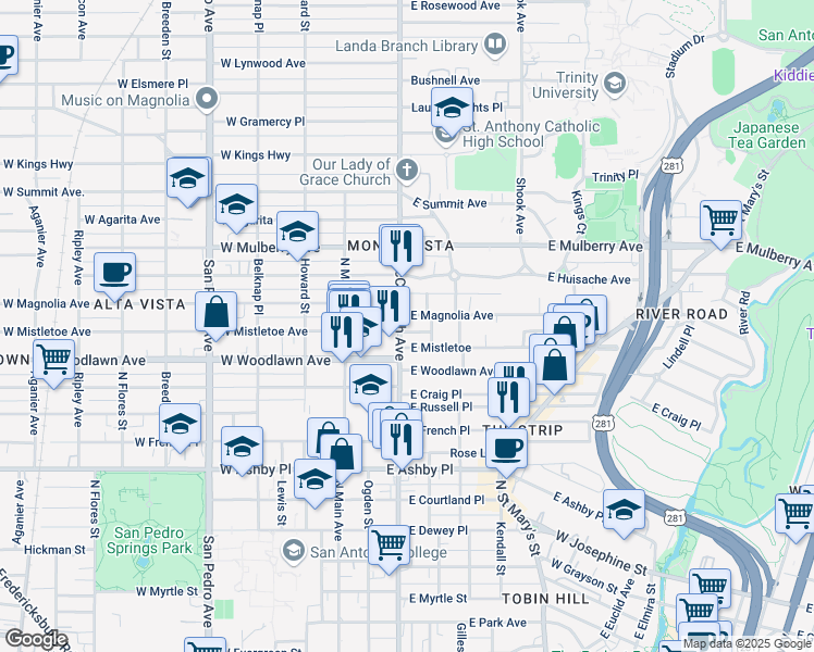 map of restaurants, bars, coffee shops, grocery stores, and more near 2600 McCullough Ave in San Antonio