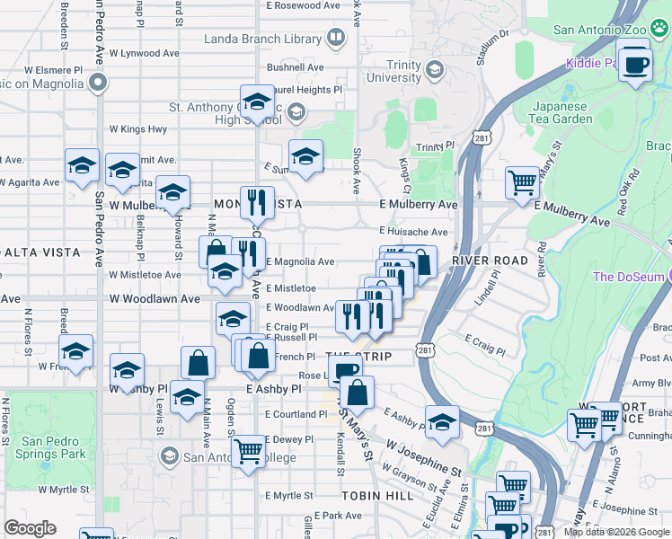 map of restaurants, bars, coffee shops, grocery stores, and more near 418 East Magnolia Avenue in San Antonio