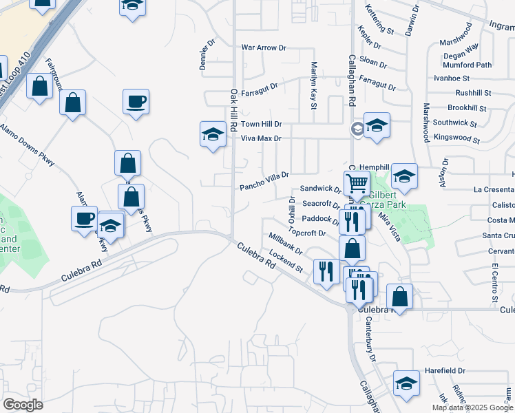 map of restaurants, bars, coffee shops, grocery stores, and more near 6146 Upwood Drive in San Antonio