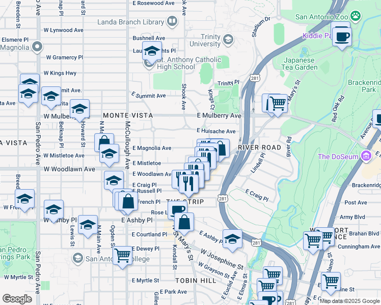 map of restaurants, bars, coffee shops, grocery stores, and more near 462 East Magnolia Avenue in San Antonio