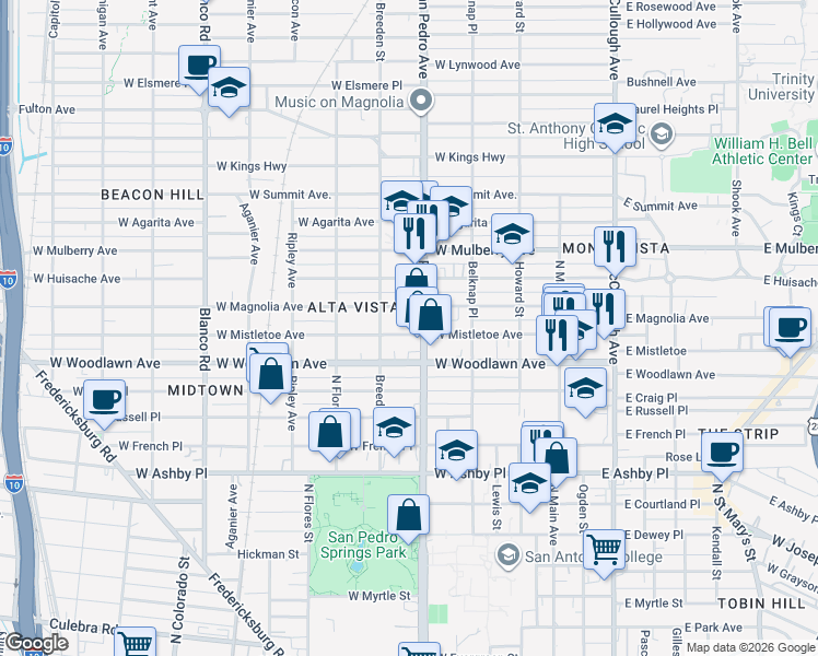 map of restaurants, bars, coffee shops, grocery stores, and more near 429 West Mistletoe Avenue in San Antonio