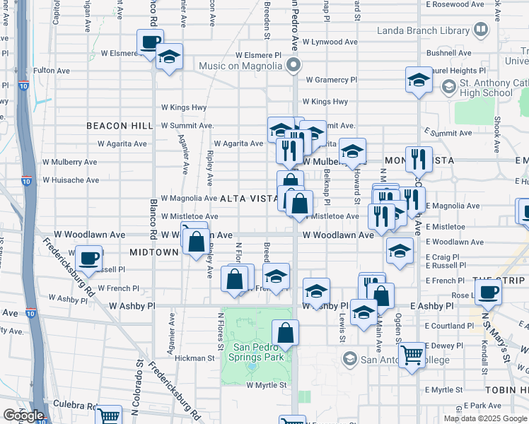 map of restaurants, bars, coffee shops, grocery stores, and more near 429 West Mistletoe Avenue in San Antonio