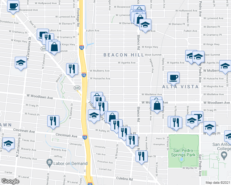 map of restaurants, bars, coffee shops, grocery stores, and more near 1023 West Mistletoe Avenue in San Antonio