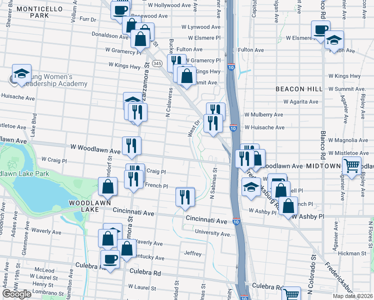 map of restaurants, bars, coffee shops, grocery stores, and more near 1518 West Mistletoe Avenue in San Antonio