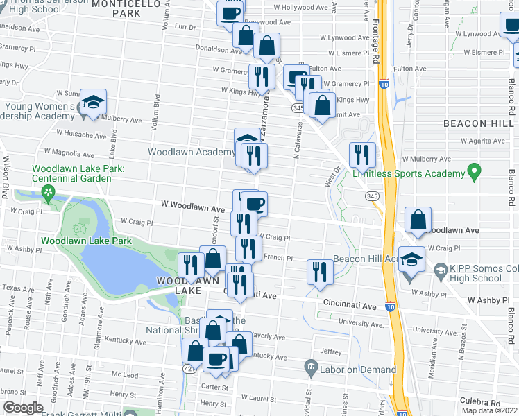 map of restaurants, bars, coffee shops, grocery stores, and more near 1633 West Woodlawn Avenue in San Antonio