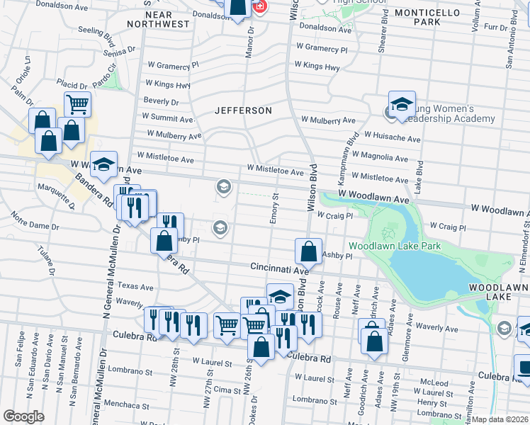 map of restaurants, bars, coffee shops, grocery stores, and more near 2718 West Craig Place in San Antonio