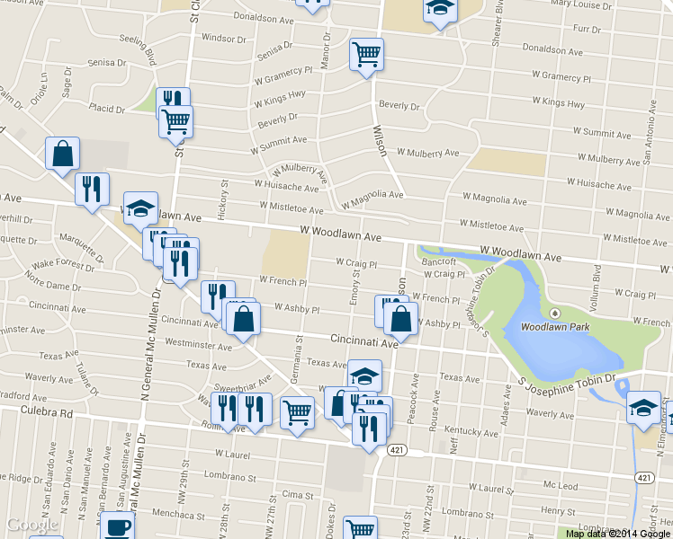 map of restaurants, bars, coffee shops, grocery stores, and more near 2718 West Craig Place in San Antonio