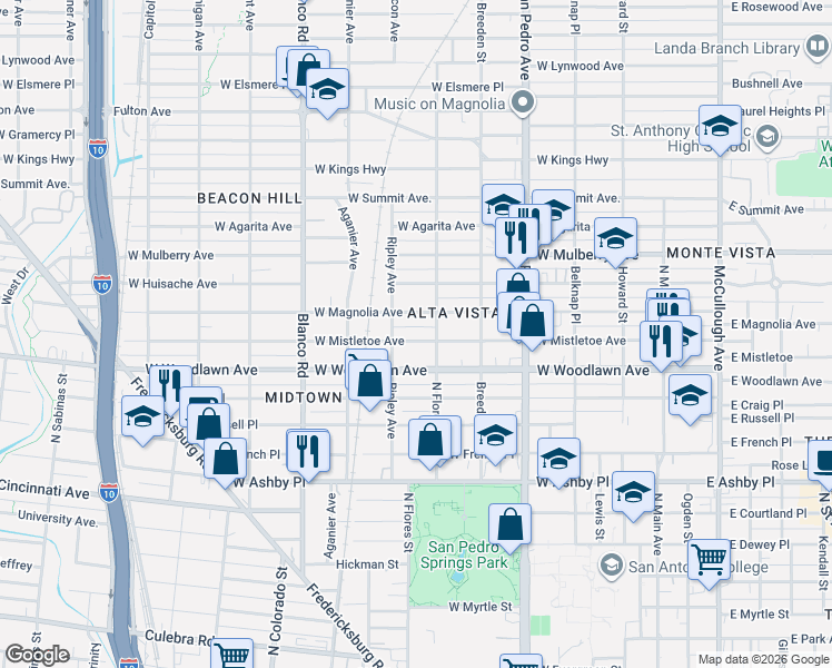 map of restaurants, bars, coffee shops, grocery stores, and more near 619 West Mistletoe Avenue in San Antonio