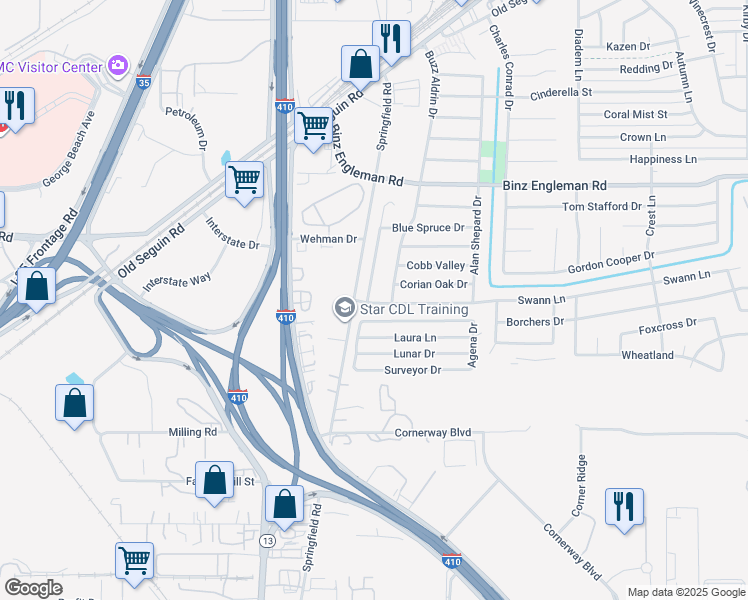 map of restaurants, bars, coffee shops, grocery stores, and more near 2502 Corian Glen Drive in San Antonio