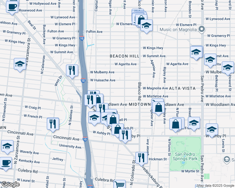 map of restaurants, bars, coffee shops, grocery stores, and more near 1023 West Mistletoe Avenue in San Antonio