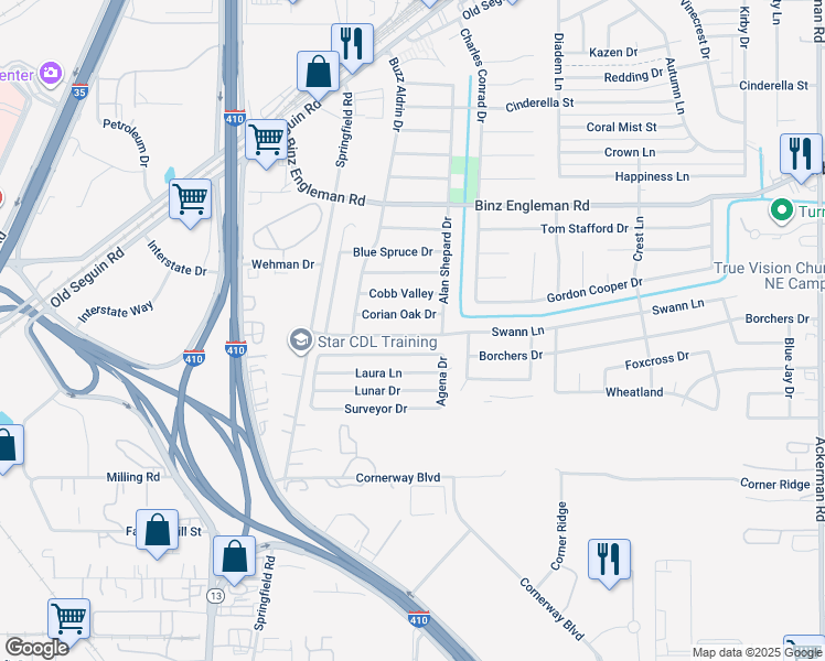 map of restaurants, bars, coffee shops, grocery stores, and more near 4741 Swann Lane in Kirby