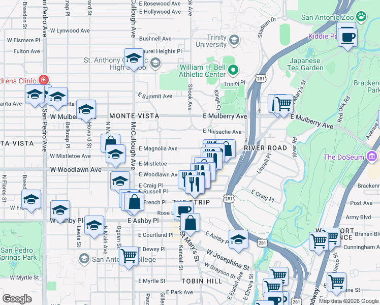 map of restaurants, bars, coffee shops, grocery stores, and more near 462 East Magnolia Avenue in San Antonio