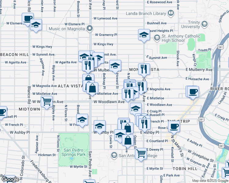 map of restaurants, bars, coffee shops, grocery stores, and more near 209 West Mistletoe Avenue in San Antonio