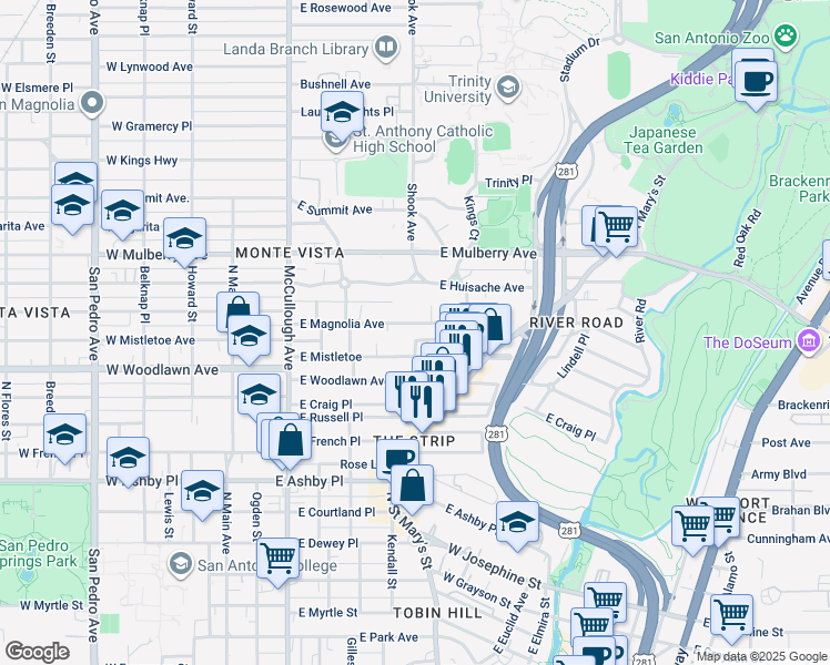 map of restaurants, bars, coffee shops, grocery stores, and more near 462 East Magnolia Avenue in San Antonio