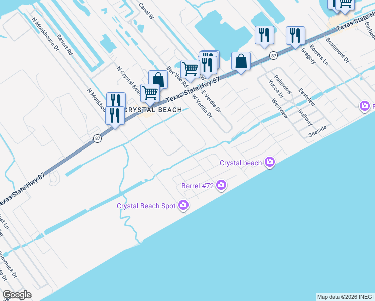 map of restaurants, bars, coffee shops, grocery stores, and more near 898 South Crystal Beach Road in Bolivar Peninsula