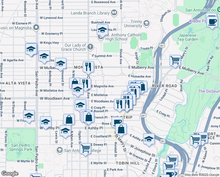 map of restaurants, bars, coffee shops, grocery stores, and more near 418 East Magnolia Avenue in San Antonio