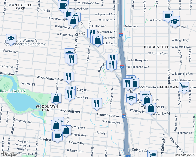 map of restaurants, bars, coffee shops, grocery stores, and more near 1518 West Mistletoe Avenue in San Antonio