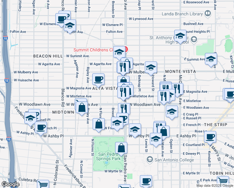map of restaurants, bars, coffee shops, grocery stores, and more near 429 West Mistletoe Avenue in San Antonio