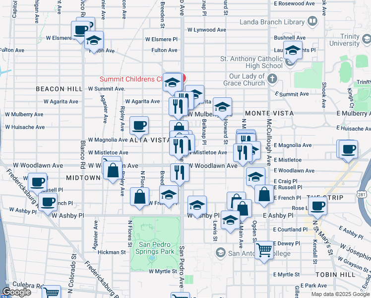 map of restaurants, bars, coffee shops, grocery stores, and more near 2102 San Pedro Avenue in San Antonio