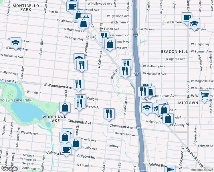 map of restaurants, bars, coffee shops, grocery stores, and more near 1518 West Mistletoe Avenue in San Antonio