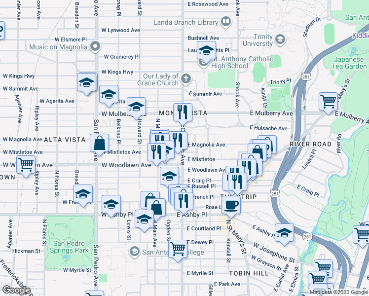 map of restaurants, bars, coffee shops, grocery stores, and more near 2600 McCullough Avenue in San Antonio