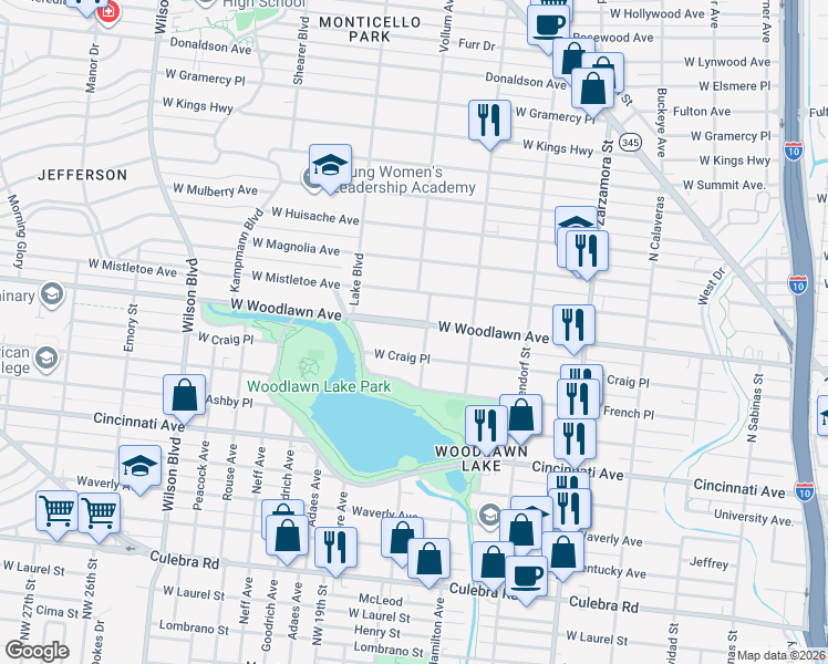 map of restaurants, bars, coffee shops, grocery stores, and more near 2010 West Woodlawn Avenue in San Antonio