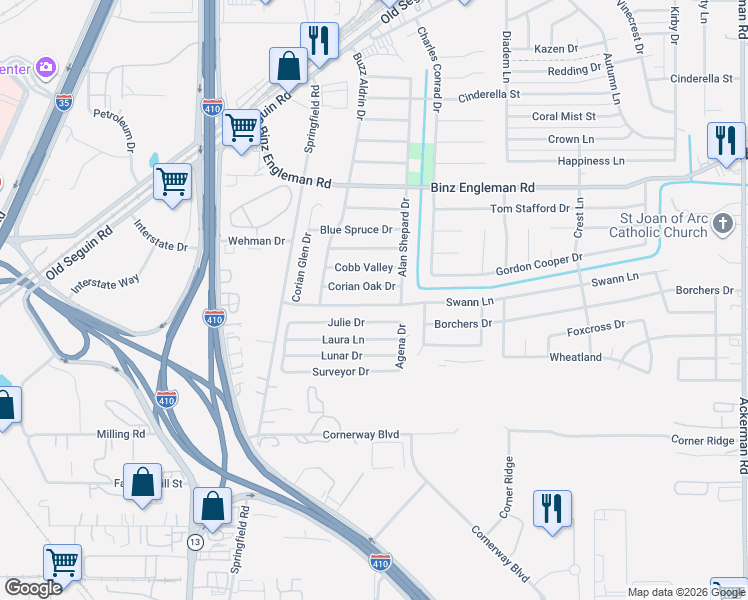 map of restaurants, bars, coffee shops, grocery stores, and more near 4741 Swann Lane in Kirby