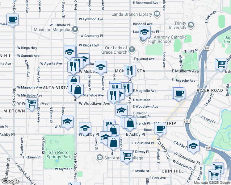 map of restaurants, bars, coffee shops, grocery stores, and more near 2611 North Main Avenue in San Antonio