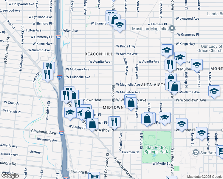 map of restaurants, bars, coffee shops, grocery stores, and more near 901 West Mistletoe Avenue in San Antonio
