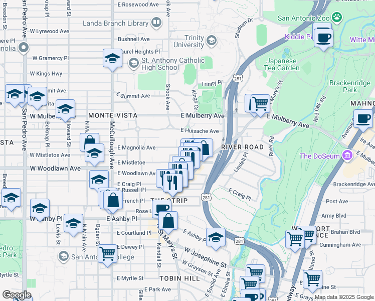 map of restaurants, bars, coffee shops, grocery stores, and more near 518 East Magnolia Avenue in San Antonio