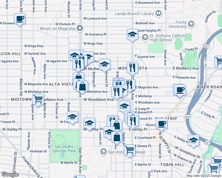 map of restaurants, bars, coffee shops, grocery stores, and more near 2611 North Main Avenue in San Antonio