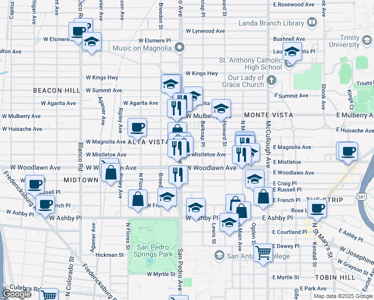 map of restaurants, bars, coffee shops, grocery stores, and more near 2102 San Pedro Avenue in San Antonio