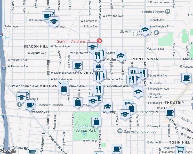map of restaurants, bars, coffee shops, grocery stores, and more near 429 West Mistletoe Avenue in San Antonio