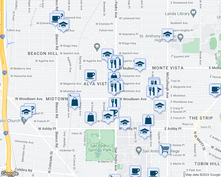 map of restaurants, bars, coffee shops, grocery stores, and more near 429 West Mistletoe Avenue in San Antonio