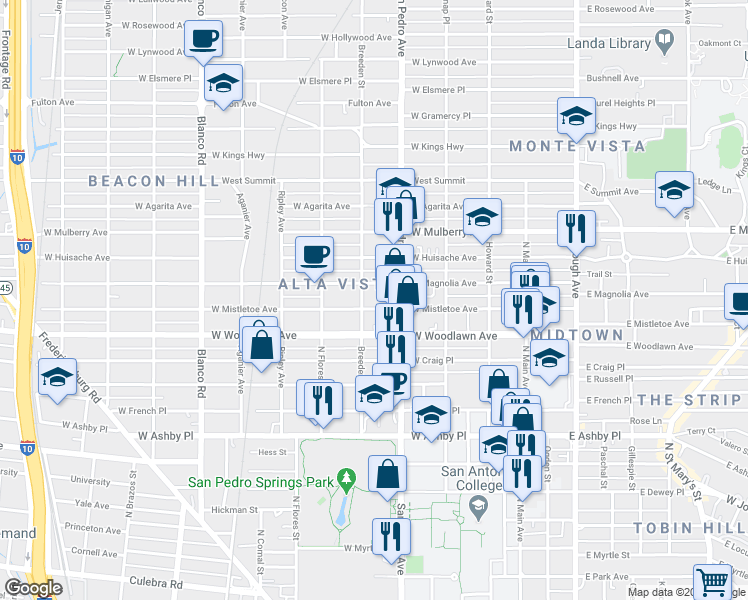 map of restaurants, bars, coffee shops, grocery stores, and more near 429 West Mistletoe Avenue in San Antonio