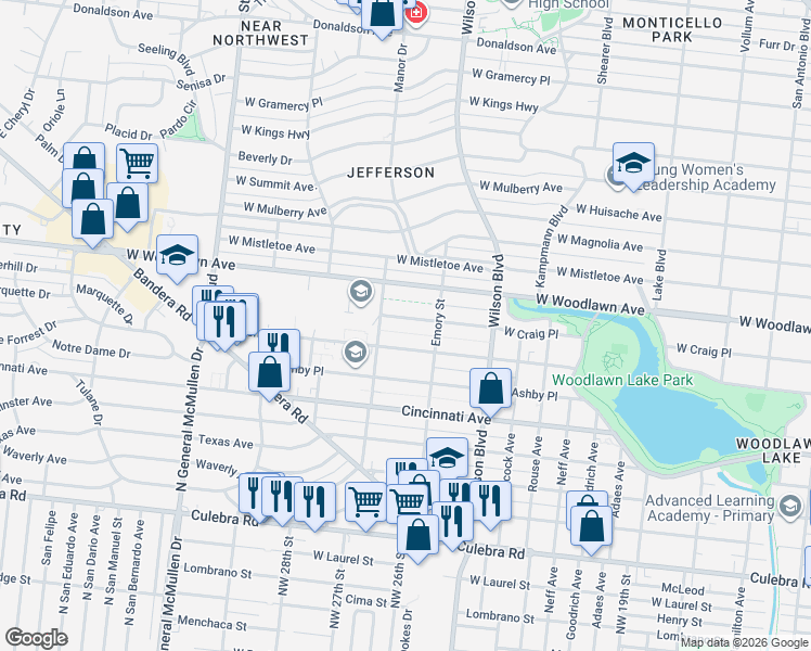 map of restaurants, bars, coffee shops, grocery stores, and more near 2718 West Craig Place in San Antonio