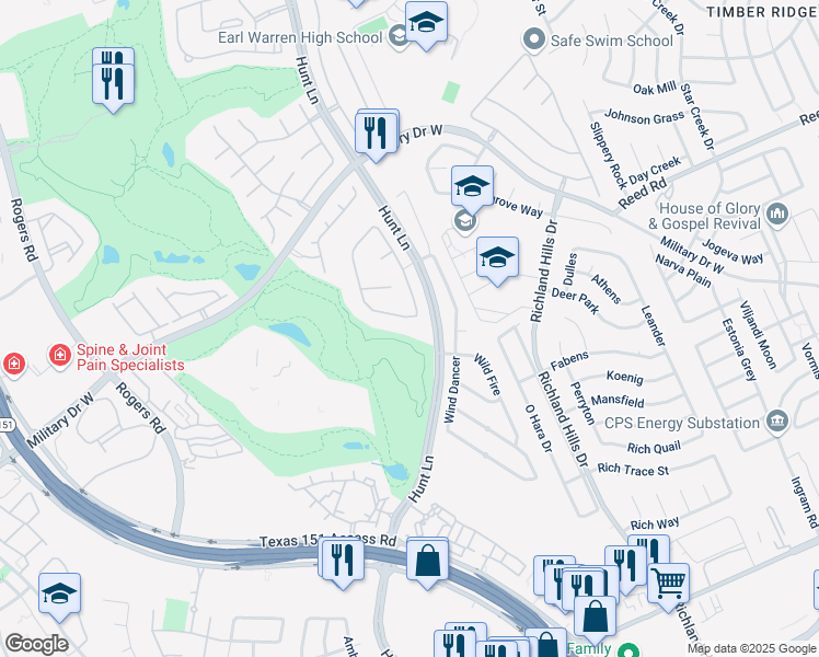 map of restaurants, bars, coffee shops, grocery stores, and more near 9410 Mariposa Pass in San Antonio