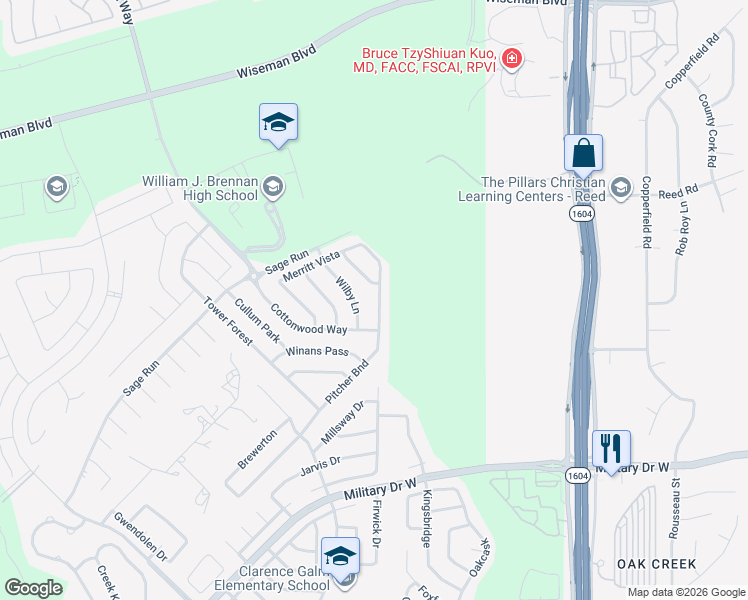 map of restaurants, bars, coffee shops, grocery stores, and more near 2006 Wilby Lane in San Antonio