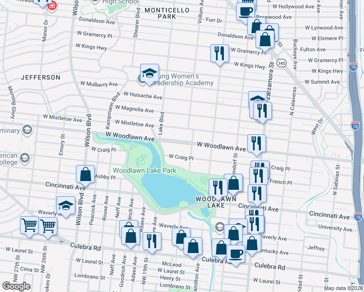 map of restaurants, bars, coffee shops, grocery stores, and more near 2010 West Woodlawn Avenue in San Antonio