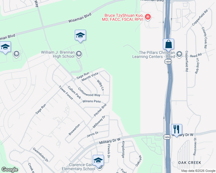 map of restaurants, bars, coffee shops, grocery stores, and more near 2006 Wilby Lane in San Antonio