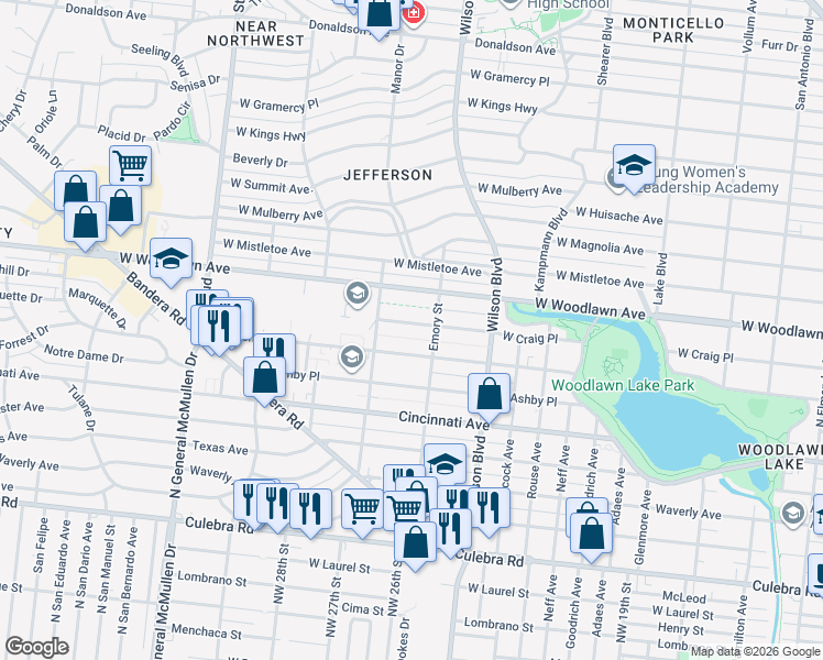 map of restaurants, bars, coffee shops, grocery stores, and more near 2718 West Craig Place in San Antonio