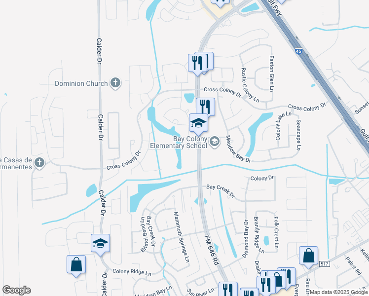 map of restaurants, bars, coffee shops, grocery stores, and more near 136 Bending Brook Lane in Dickinson